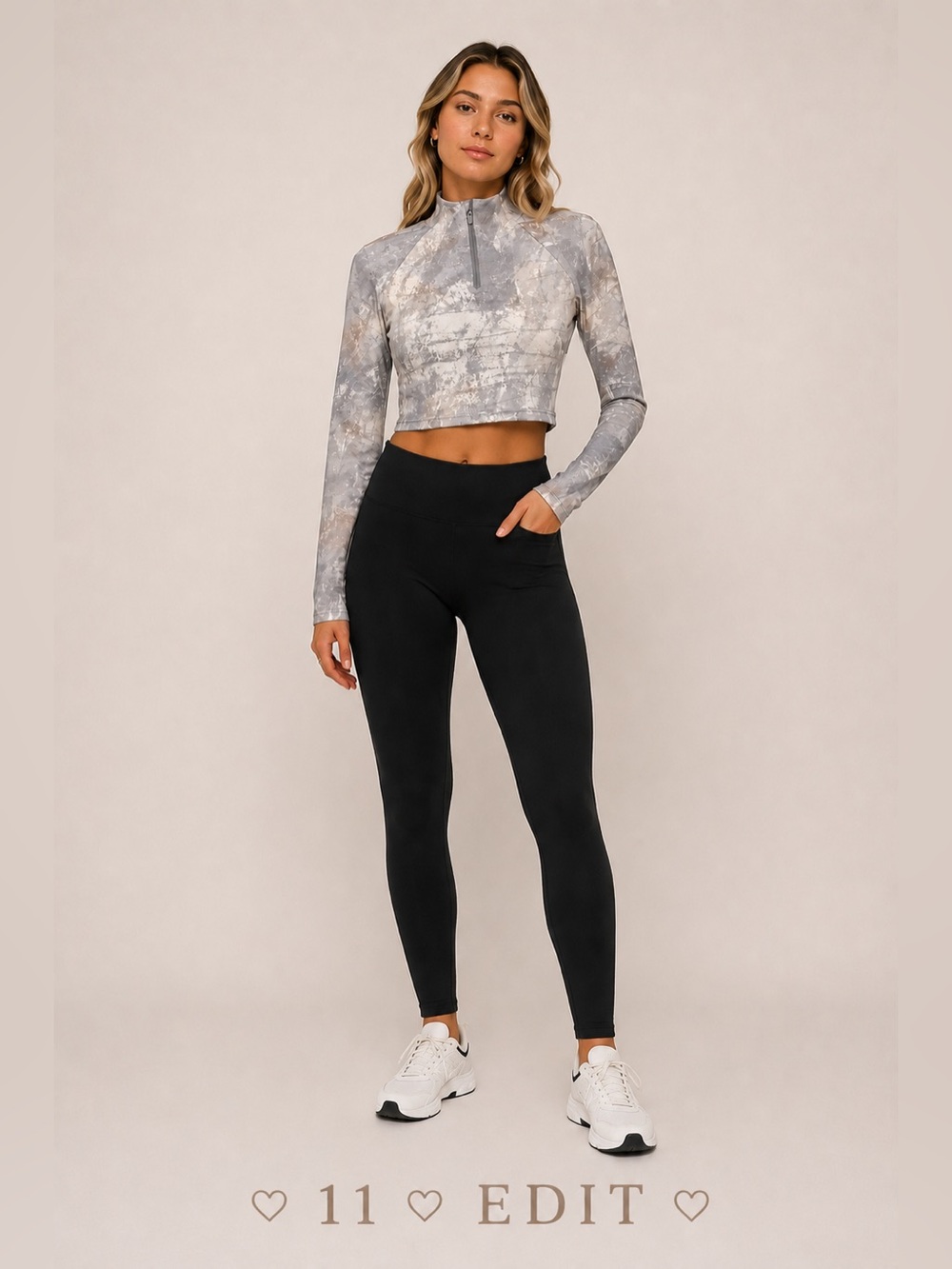 Mono B Gray Patterned Mock Neck 1/4 Zip Fitted Crop Top Small NWT